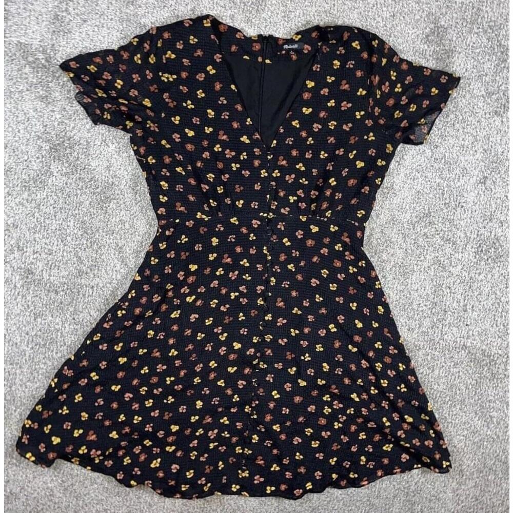 Madewell 100% Silk Dress Size 8 Button Front Black Print Fit Flare Feline Floral